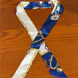 Nautical Print Silk-Like Twilly Scarf - Blue, Red and White